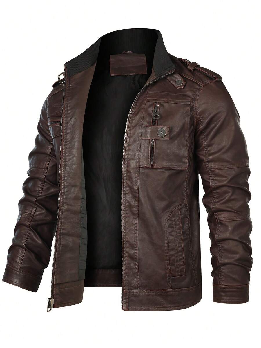 Men's Faux Leather Jacket – Vintage PU Motorcycle Bomber With Zipper Closure, Casual Fall Outerwear - 酒紅色 - 查看 1