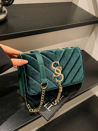 2025 New Velvet Rhombus Chain Tassel Crossbody Square Bag, Chain Shoulder Bag
