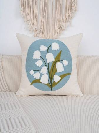 1 pieza Funda de cojín de lona de poliéster con bordado exquisito de flores, sin relleno de almohada