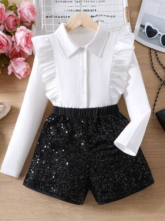 2 piezas Conjunto de niña con manga larga y volantes, shorts con lentejuelas, elegante, para primavera/otoño