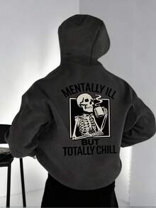 Áo hoodie lót lông cừu in hình đầu lâu và khẩu hiệu tiếng Anh dành cho nam hiệu Krometka, phong cách đường phố cho mùa thu/đông. - Màu xám đen - Xem 1