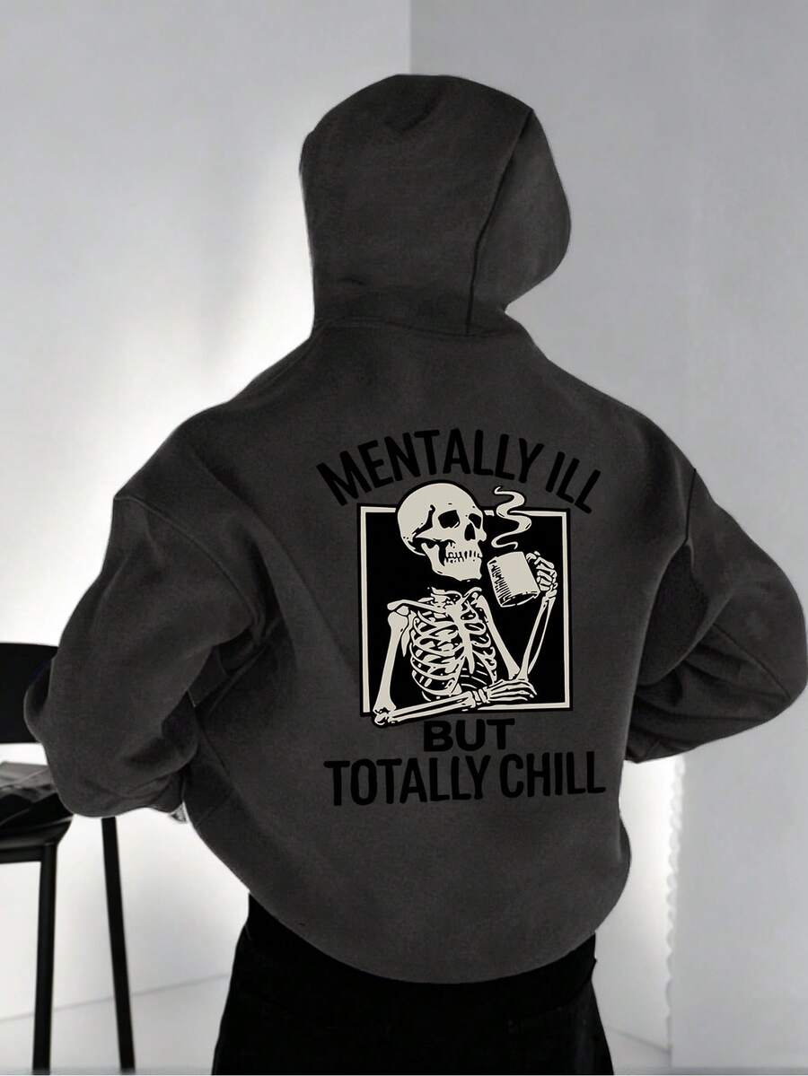 Áo hoodie lót lông cừu in hình đầu lâu và khẩu hiệu tiếng Anh dành cho nam hiệu Krometka, phong cách đường phố cho mùa thu/đông. - Màu xám đen - Xem 1