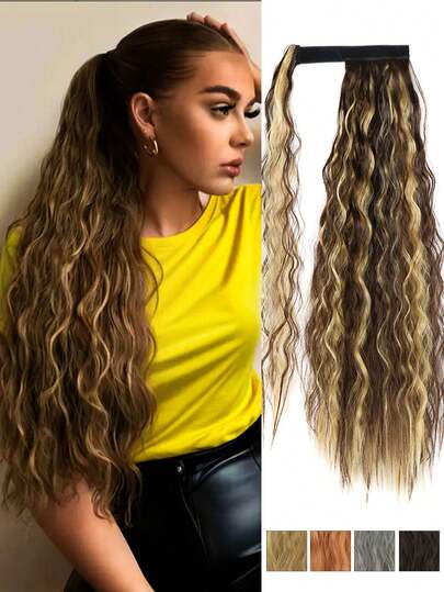 合成玉米波浪长马尾假发片，环绕式夹子渐变棕色至金色马尾假发