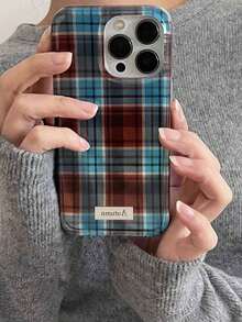 Korean Ins Niche Fine Sand Blue & Brown Plaid Phone Case Compatible With IPhone 16 Pro Max, Apple 15, Soft Shell 14 New 15 Pro, Full Coverage 13 Pro Max, Anti-Fall Protective Cover WP60 - Color1 - View 2