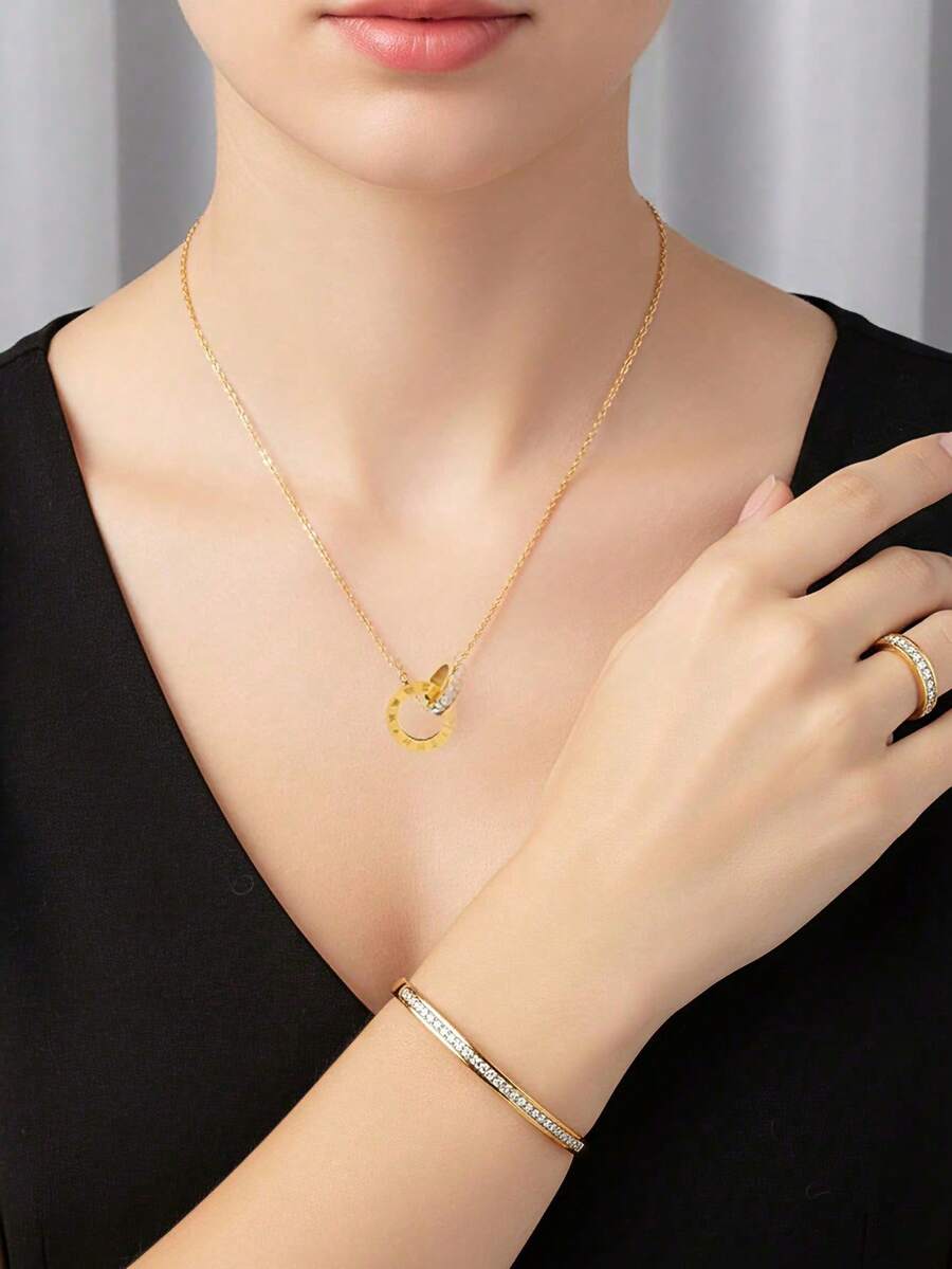 VceTd 1 Set Classic Double Circle Roman Numeral Pendant Jewelry Set, Exquisitely Embedded Glass Decor Stainless Steel Necklace/Bracelet/Ring Set, Suitable For Women's Daily, Commute, Party, Gala, Wedding, Elegant Holiday Gift
