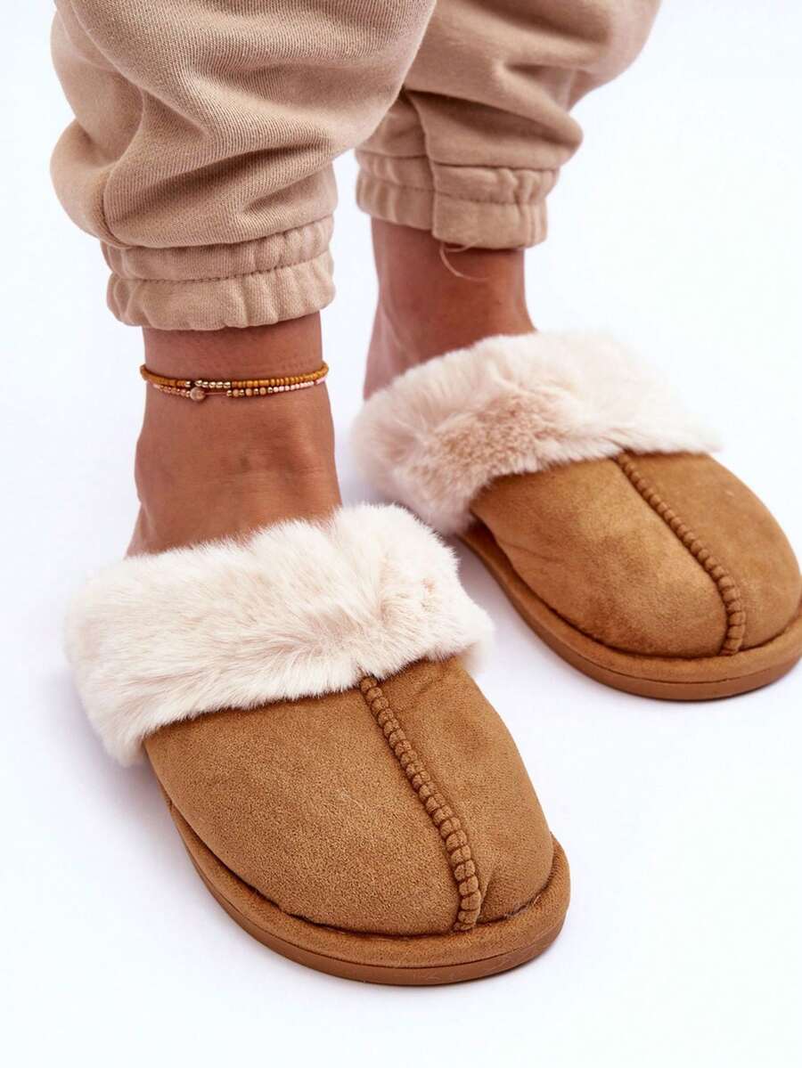Pantoufles d'intérieur chaudes et douces pour femmes avec fourrure artificielle moelleuse, gris, rose, marron, beige, noir - Tabac - Voir 1