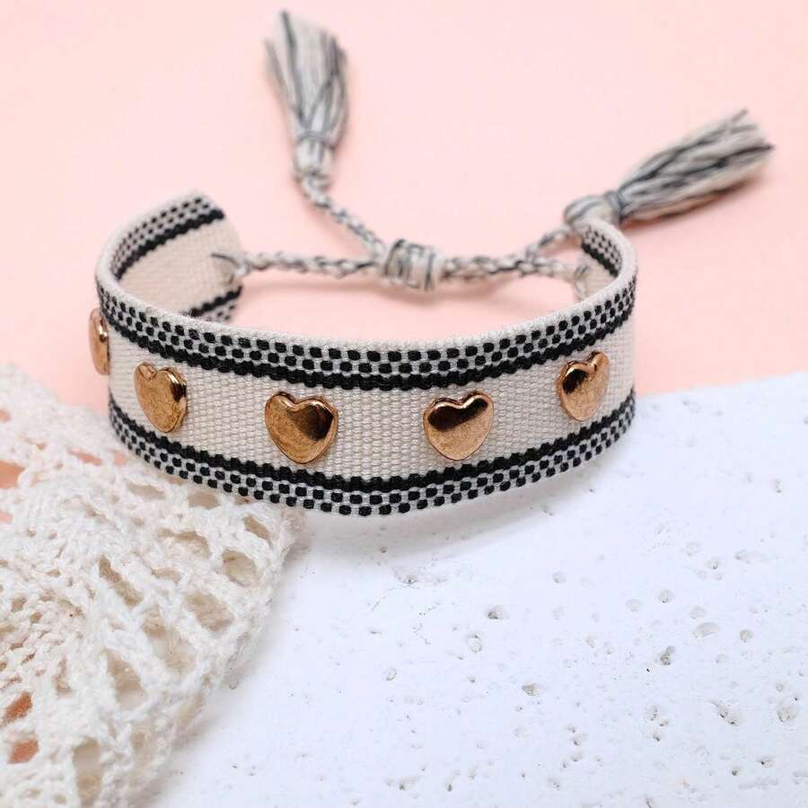 1pc Rivet Heart Bohemian Bracelet - Black and White - View 1