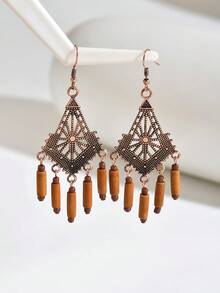 1 Pair Retro Bohemian Earrings, Antique Copper Square Wooden Bead & Tassel Dangle Earrings, New Chinese Style Jewelry, Suitable For Daily, Party, Wedding, Holiday Wear - Bronze - View 2