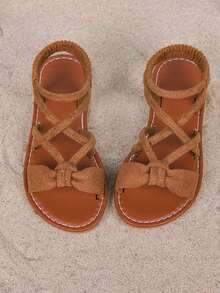 1 Pair Girls' Fashion New Slip-On Flat Sandals, Soft Bottom Non-Slip Children's Roman Sandals, Big Kids Beach Shoes, Suitable For Summer - Brown - View 5