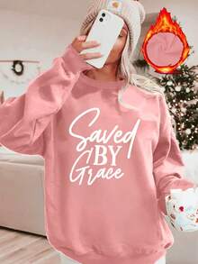 2026 Women's New Fashion Printed Round Neck Sweatshirt, Elegant Women's Top, Women's Fleece-Lined Warm Winter Top, Women's Loose And Comfortable Winter Clothing, Women's Coats - 淺灰色 - 查看 6