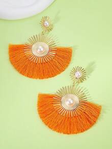 1 Pair Vintage Exaggerated Fan-Shaped Tassel Dangle Earrings, Women's Earrings, Suitable For Daily, Party, Festival, Music Festival, Valentine's Day Wear, Memorable Gift For Friends, Family, Couples, Fashion Jewelry