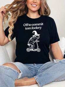 Off To Commit Tom Foolery T Shirt, Cowboy Frog Print Shirt, Funny Tom Foolery Quote Shirt, Cute Animal Frog Meme Shirt, Loose Style For Women, Perfect For Holiday Parties & Gift - màu đen - Xem 2