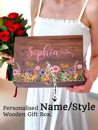 Personalised Name/Styles Wooden Wildflower Jewellery Box,Large Keepsake Box With Pyrography Floral Design,Flower Box,Gift For Couple, Solid Wood Storage Box With Latch, Special Delivery Gifts Ideas For Girls Keepsake.