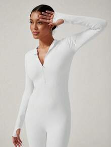 女士纯色长袖修身连体衣，长袖连体衣，保暖户外徒步服，圣诞冬季服装，多功能连体衣，假日滑雪运动女士拉链连体衣，运动连体衣 - 白色 - 查看 5