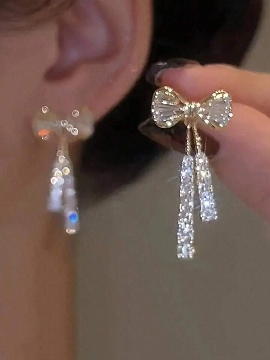 Bow Crystal Drop Earrings For Women Luxury Sparkling Cubic Zirconia Long Tassel Earrings High Jewelry Gifts Valentines,Mom,Mother,Mother's Day,Gift - 黃金 - 查看 1