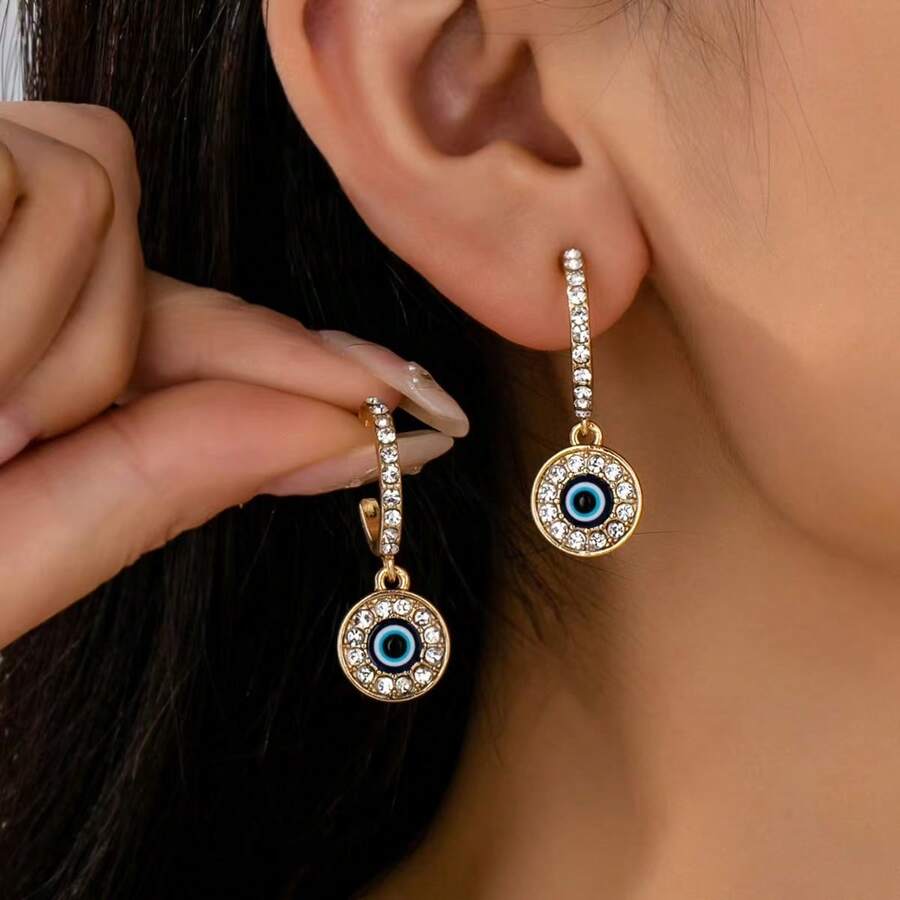 1 Pair Glamorous Fashion Exaggerated Creative Metal Rhinestone Faux Gemstone C-Shape Stud Earrings With Devil's Eye Pendant, Versatile Jewelry Earrings For Women, Suitable For Daily Wear And Gift Giving - Multicolor - View 1