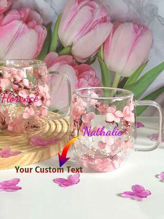 Handgjord glasmugg med text och logotyp, dekorerad med torkade blommor, personlig blommig glasmugg, växtbaserat dryckesset, kaffekopp och tekopp