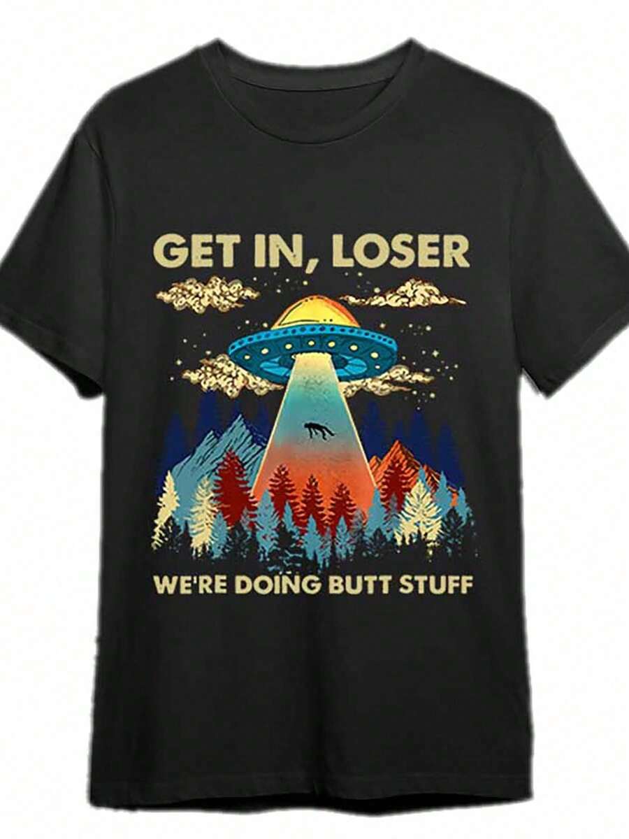 Camiseta gráfica de OVNI alienígena divertida para hombres - "Get In Loser" camiseta de algodón negra de manga corta, casual y cómoda, lavable a máquina, diseño de ciencia ficción con paisaje de montaña, decoración alienígena - Negro - Ver 1