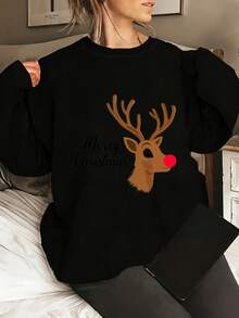 Merry Christmas Reindeer Red Nose Sweatshirt Women Black Long Sleeve Holiday Sweater Xmas Gift Top - màu đen - Xem 1
