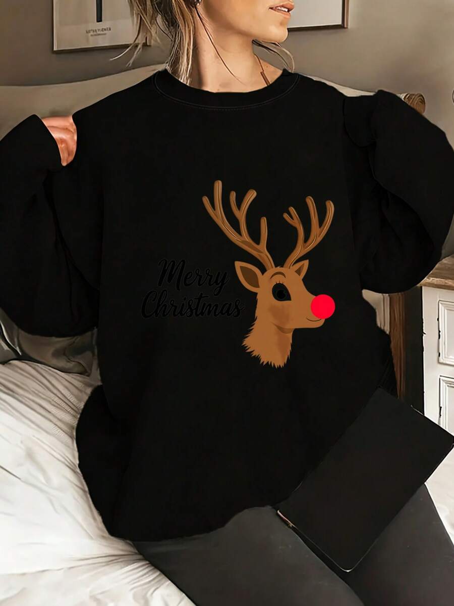 Merry Christmas Reindeer Red Nose Sweatshirt Women Black Long Sleeve Holiday Sweater Xmas Gift Top - màu đen - Xem 1