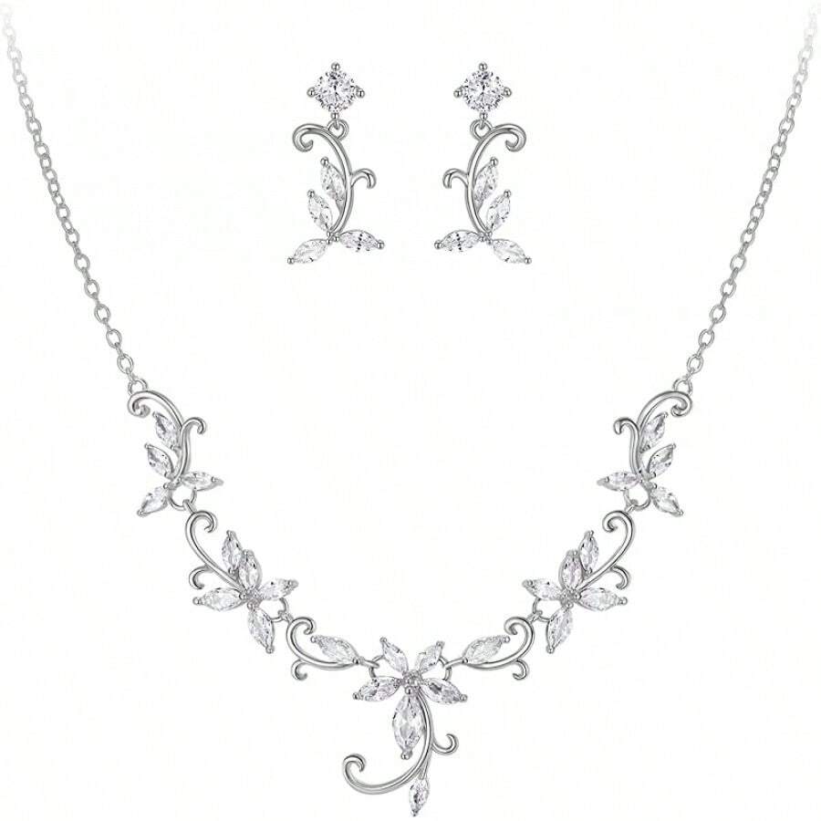 Crysdue Flower Leaf Wedding Jewelry Set Bridal Bridemaid, Cubic Zirconia Teardrop Elegant Silver/14K/Gold Plated Vine Necklace Dangle Earrings Prom Party - A_銀色 - 查看 1