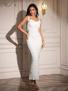 PARTHEA Women Elegant 3D Floral Tie‑Strap Ruched Back Slit Midi Dress, White Party Bodycon Formal Dress - White - View 7
