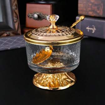 1pc European Style Iron & Glass Canister With Lid & Spoon, Kitchen Salt/Seasoning Storage Jar, Living Room Snack/Candy Container