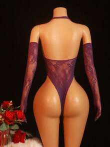 3pcs Women's Purple Elegant Halter Jacquard Jumpsuit With Long Gloves, Fashionable Bodysuit Lingerie Set - Purple - View 2