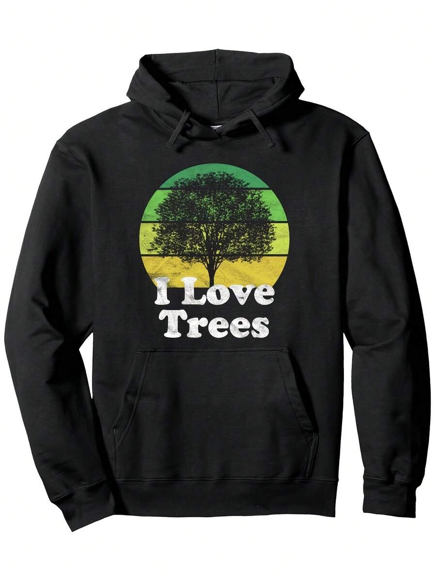 1pc Men-S Plus Size Hooded Sweatshirt - With Green And Yellow Tree Graphic And I Love Trees Text - Heavyweight Longeeve Pullover Hoodie, Regular Fit Casual Streetwear For Everyday _426 - Đen 7 - Xem 1