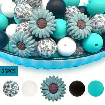 25 Stücke Silikon Perlen Mix - Sortierte Muster und einfarbige Perlen für DIY Schmuck, Schlüsselanhänger und Bastelarbeiten - Dekorative weiche Perlen für selbstgemachte Accessoires