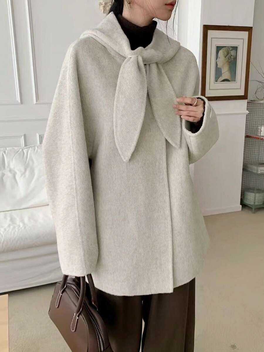 Women's Solid Color Hooded Long Sleeve Loose Casual Wool Blend Maxi Dress, Autumn/Winter - Apricot - View 1