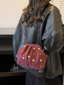 铆钉设计单肩包，纹理通勤手拿包，时尚百搭链条斜挎包，手机袋 - 酒紅色 - 查看 2