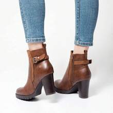 Women's Waterproof PU Ankle Boots With Chunky Stacked Heel – Side Zipper, Anti-Slip Rubber Sole & All-Day Comfort Cushioning - Nâu sẫm - Xem 7