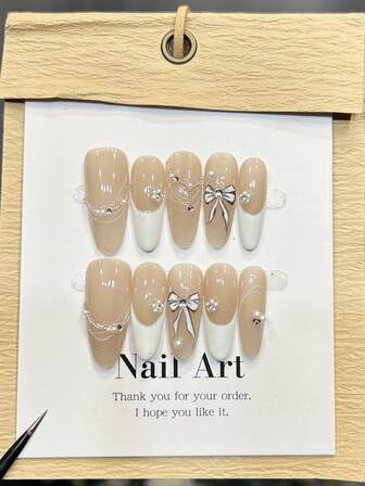 10pcs Handmade Nails Oval Nails Press On Nails Long, Elegant Nude Pink Nails, White French Tip Nails, Handpainted Bow Irregular Lines, Nail Gems Diamond Small Pearl Chain Inlaid, Simple Elegant Autumn Nails, Fall Press On Nails, Wedding Nails, Versatile Nails DIY False Nail Art Party Daily & Dating Use Beach Tropical Getaway Suitable Reusable, For Women & Girls As Gift Nail Supplies