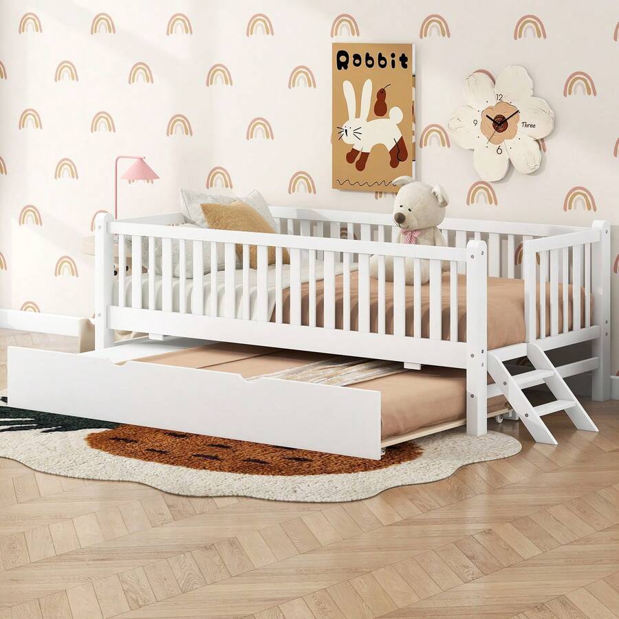 MERAX Wood Twin Size Platform Bed With Guardrail And Trundle, White - White(Twin Size) - View 1