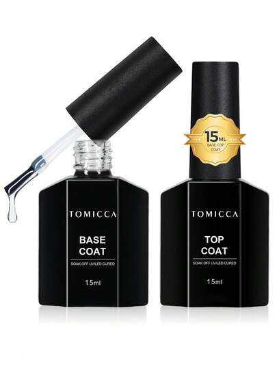 TOMICCA 2pcs 15ml Clear Base Coat&Top Coat Set, UV/LED Light Curing Is Requiring, And The Long-Lasting Gel Nail Set , Use For DIY Home Salon Manicure Or Gifts For Women