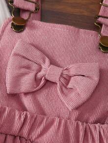 3件套女婴休闲时尚可爱白色天鹅绒针织竖条纹长袖连体衣、粉色蝴蝶结刺绣双层蛋糕吊带裙和粉色发带三件套，春秋季