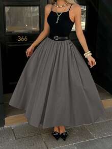 女士优雅派对约会长裙 | 黑灰色针织拼接A字高腰连衣裙 | 含腰带 | 适合度假及商务休闲场合 | 2026春夏 - 灰色 - 查看 3