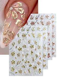 4/2pcs Gold & Rose Gold Petal Leaf Pattern Nail Art Stickers - Adorable & Charming Spring/Summer Nail Decals, Self-Adhesive Nail Stickers, DIY Nail Salon Accessories, Nail Art Supplies - Multicolor - View 2