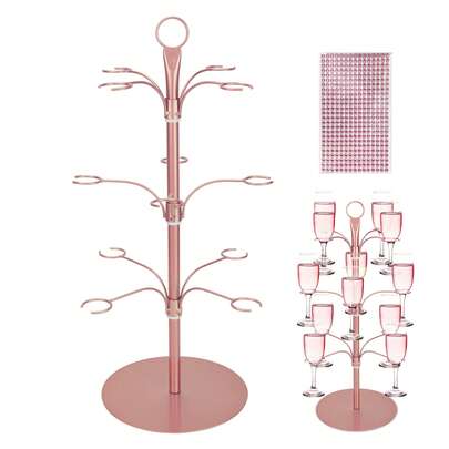 3 Tier Rose Gold Cocktail Tree Stand With Crystal Stickers - 12 Holder Display For Champagne, Martini & Margarita Glasses | Wedding, Mimosa Bar, Party Drink Rack