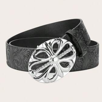 1pc Bohemian Style Black Faux Leather Belt With Vintage Oval Hollow Buckle - Versatile For Jeans, Dresses And Casual Wear
