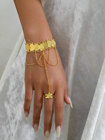 1pc Middle Eastern Style Elegant Copper Vintage Coin Linked Finger Chain Bracelet, Women's Party/Holiday Gift