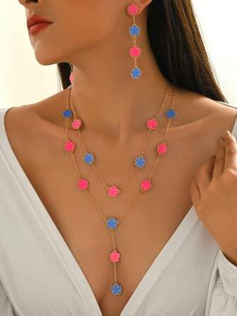 3 st/set Dammode Elegant Minimalistisk Mångsidig Skiktad Lyckoklöver Blomma Färgblock Y-halsband & Örhängen Smyckeset