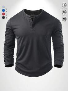 Men's Long Sleeve Henley Shirt, Solid Color Minimalist Fashion Versatile Sportswear, Adjustable Button Collar Design - Black - View 2