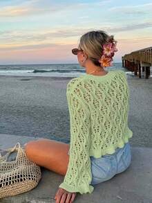 Áo len nữ dệt kim khoét lỗ, tay dài, dáng ngắn, viền bèo nhún, thích hợp mặc đi biển vào mùa xuân, hè, thu, đi nghỉ mát và dự tiệc. - màu xanh lá - Xem 4