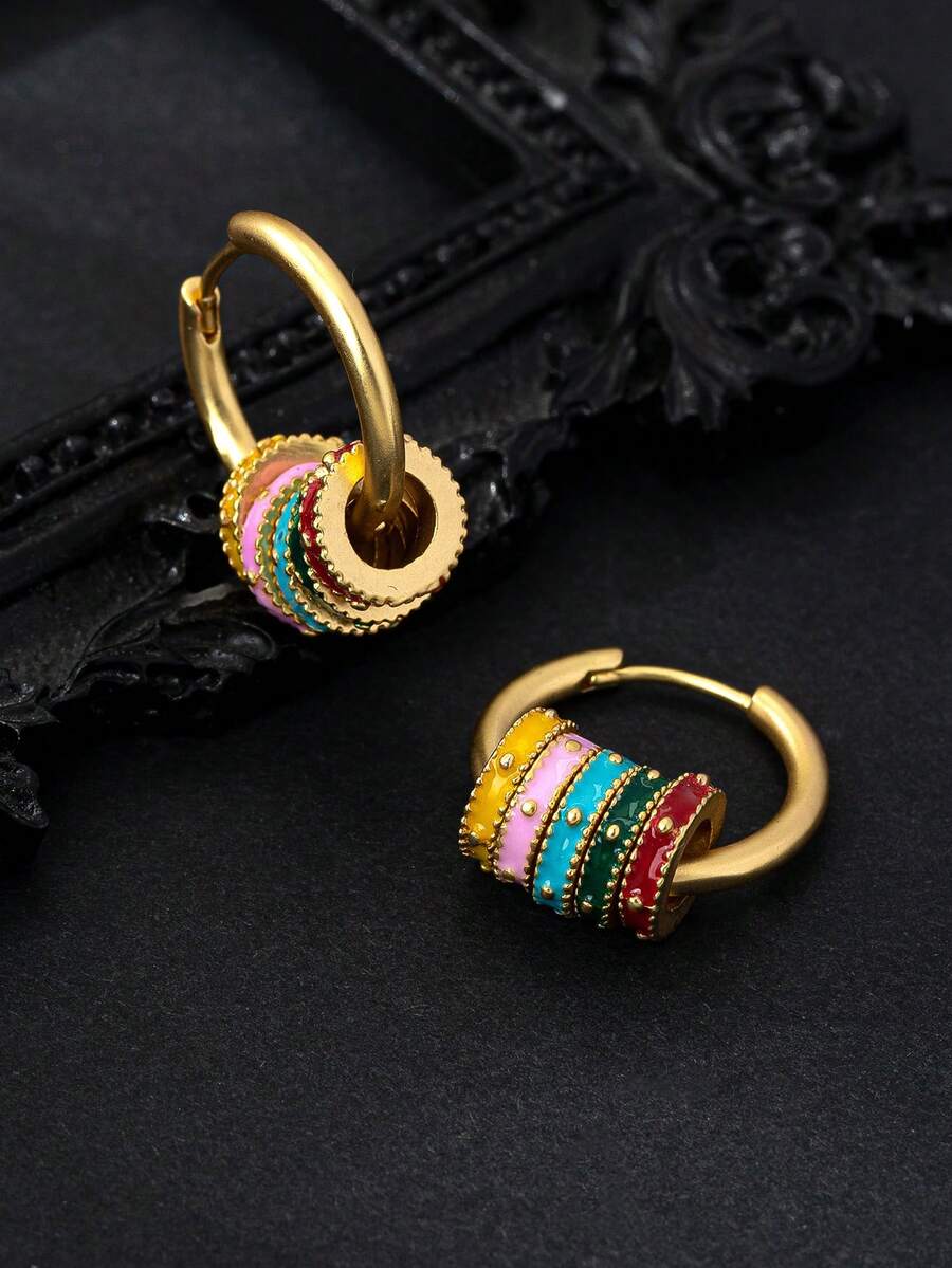 1 Pair Colorful Enamel Hoop Earrings, Vintage Elegant Detachable Multipurpose Earrings For Women, Great For Daily Wear, Mother's Day, Valentine's Day Gift - Colorful - View 1