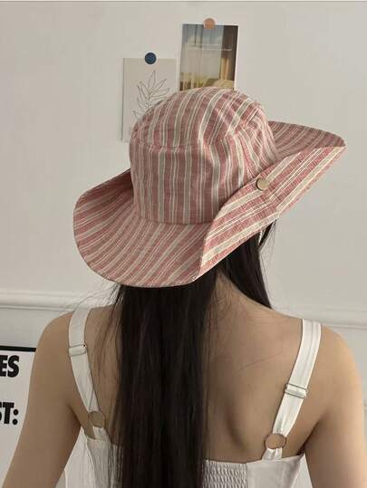 1pc Women's Striped Contrast Color Lanyard Wide Brim Bucket Hat, Boho Vacay Spring/Summer Sun Hat, Bright Monochromatic Looks, Tie-Up Sun Protection Hat, Travel UV Protection, Back To School
