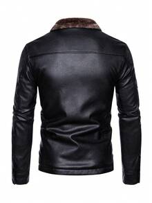 男士秋冬夹克，加厚保暖PU皮摩托车夹克，休闲装 - 黑色 - 查看 3