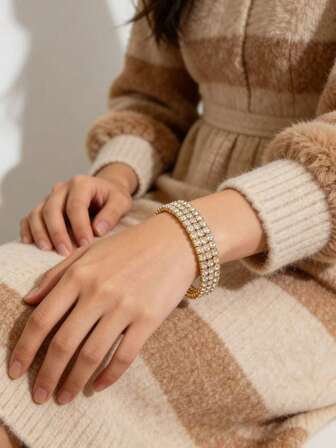 1pc Fashionable Minimalist Versatile Elegant High-End Rhinestone Decor Cuff Bracelet, Suitable For Women's Casual, Beach, Wedding, Music Festival, Party Wear, Holiday Gift