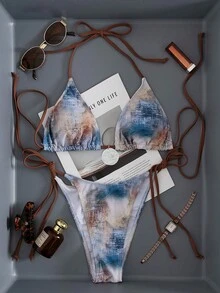 Conjunto de traje de baño con parte superior de triángulo en degradado acuarela + Bottom con ajuste de cordón, de tela suave mate, adecuado para vacaciones, piscina y playa en verano - Multicolor - Ver 7